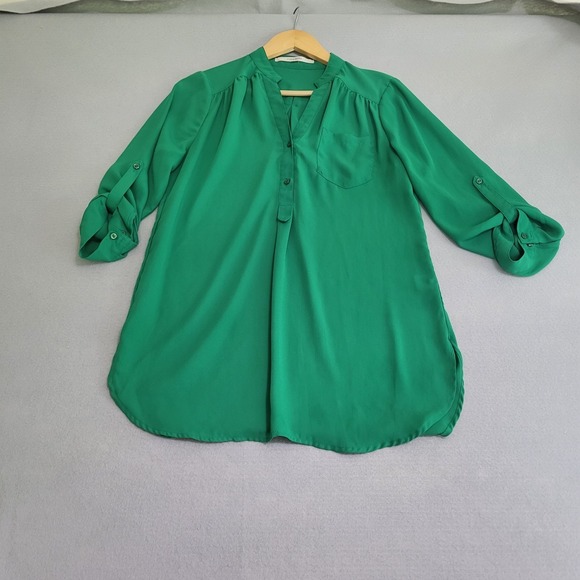 41 Hawthorne Tops - 41 Hawthorne Green Roll Tab Sleeve Sheer Lightweight Blouse Shirt Women's